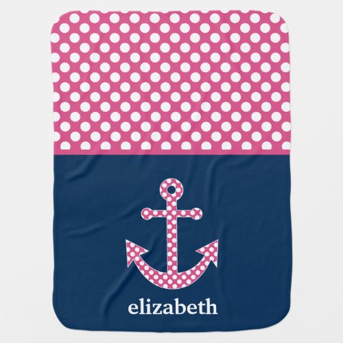 Cute Pink Polka Dot Anchor with Navy Custom Name Baby Blanket