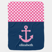 Cute Pink Polka Dot Anchor with Navy Custom Name Baby Blanket