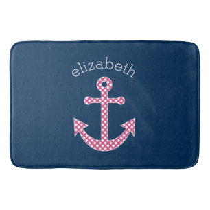 Cute Pink Polka Dot Anchor with Navy Custom Name Bathroom Mat