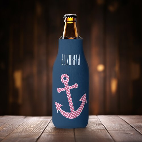 Cute Pink Polka Dot Anchor with Navy Custom Name Bottle Cooler