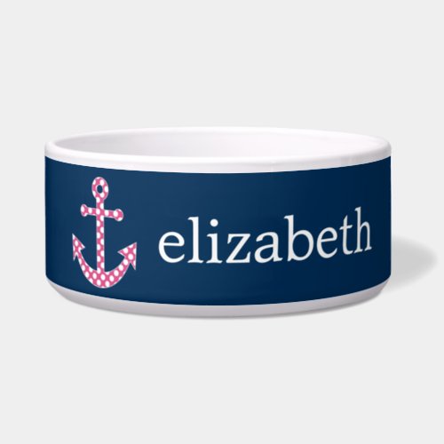 Cute Pink Polka Dot Anchor with Navy Custom Name Bowl