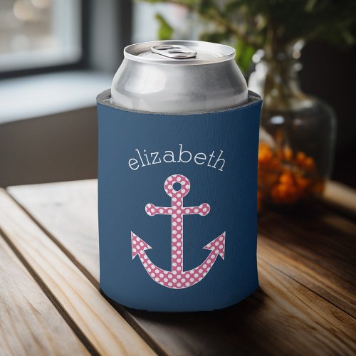 Cute Pink Polka Dot Anchor with Navy Custom Name Can Cooler