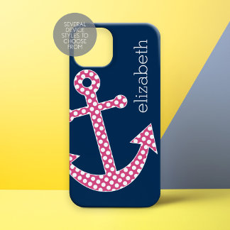 Cute Pink Polka Dot Anchor with Navy Custom Name iPhone 15 Case