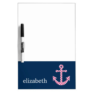 Cute Pink Polka Dot Anchor with Navy Custom Name Dry Erase Board