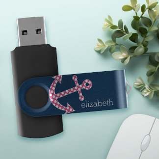 Cute Pink Polka Dot Anchor with Navy Custom Name Flash Drive