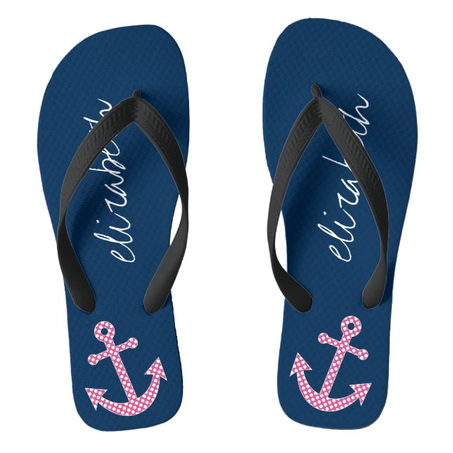 Cute Pink Polka Dot Anchor with Navy Custom Name Flip Flops (Footbed)