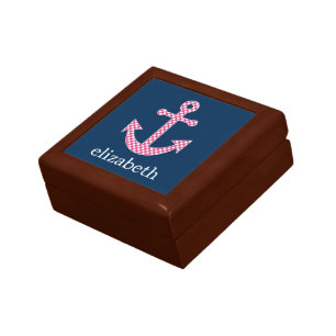 Cute Pink Polka Dot Anchor with Navy Custom Name Keepsake Box