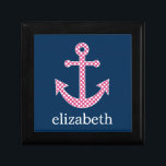 Cute Pink Polka Dot Anchor with Navy Custom Name Keepsake Box<br><div class="desc">A trendy and elegant design with dots and preppy colors plus an area to add your name or monogram.</div>
