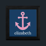Cute Pink Polka Dot Anchor with Navy Custom Name Keepsake Box<br><div class="desc">A trendy and elegant design with dots and preppy colors plus an area to add your name or monogram.</div>