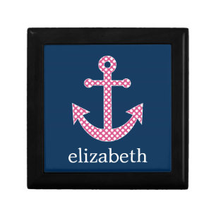 Cute Pink Polka Dot Anchor with Navy Custom Name Keepsake Box