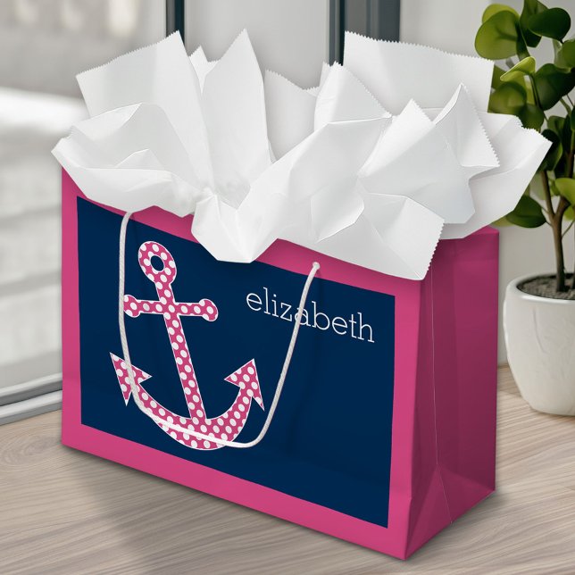 Cute Pink Polka Dot Anchor with Navy Custom Name Large Gift Bag (Custom Personalized Gift Bag)