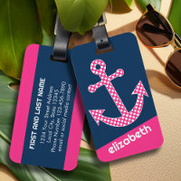Cute Pink Polka Dot Anchor with Navy Custom Name