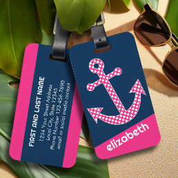 Cute Pink Polka Dot Anchor with Navy Custom Name Luggage Tag