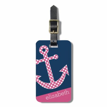 Cute Pink Polka Dot Anchor with Navy Custom Name Luggage Tag Cute Pink Polka Dot Anchor with Navy Custom Name Luggage Tag