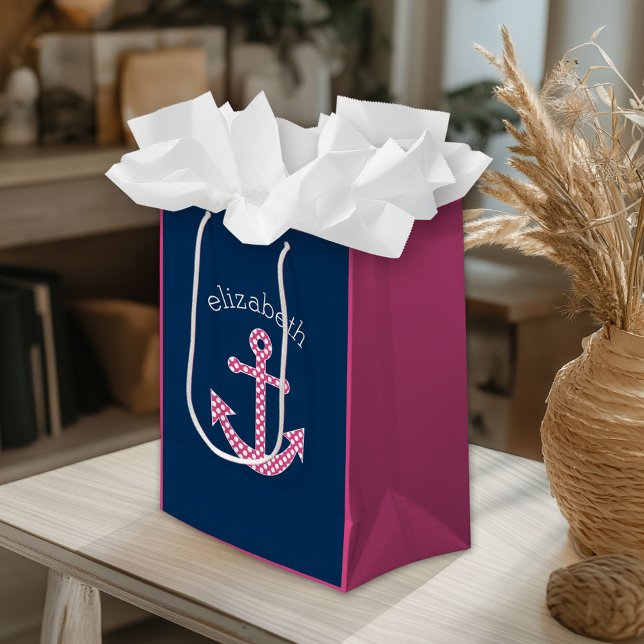 Cute Pink Polka Dot Anchor with Navy Custom Name Medium Gift Bag (Custom Gift Bag)