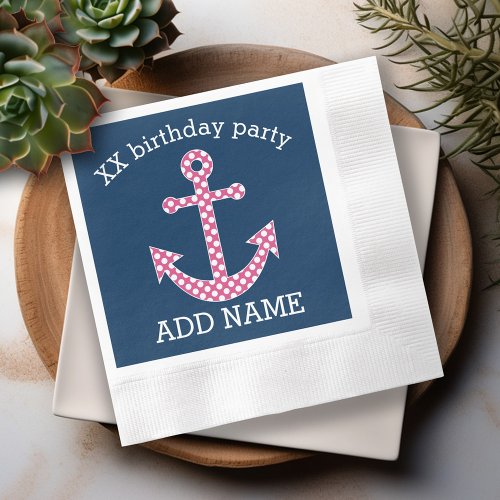 Cute Pink Polka Dot Anchor with Navy Custom Name Napkins