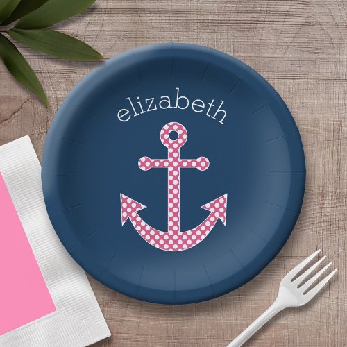 Cute Pink Polka Dot Anchor with Navy Custom Name Paper Plates