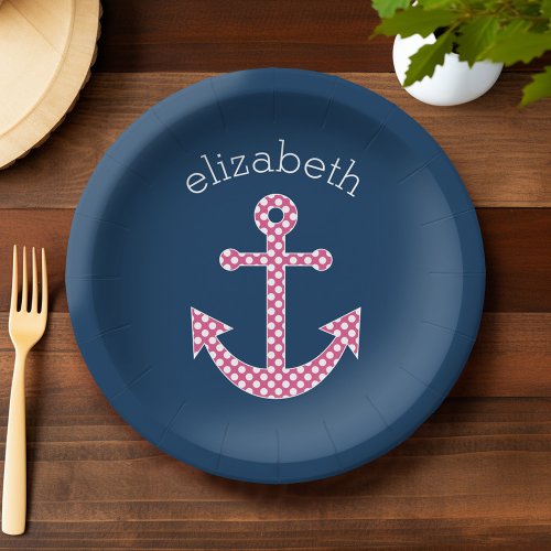 Cute Pink Polka Dot Anchor with Navy Custom Name Paper Plates