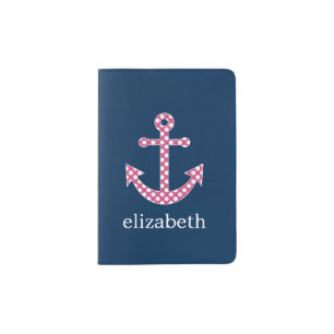 Cute Pink Polka Dot Anchor with Navy Custom Name Passport Holder