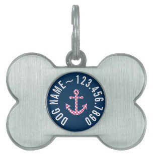 Cute Pink Polka Dot Anchor with Navy Custom Name Pet Name Tag