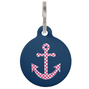 Cute Pink Polka Dot Anchor with Navy Custom Name Pet Name Tag