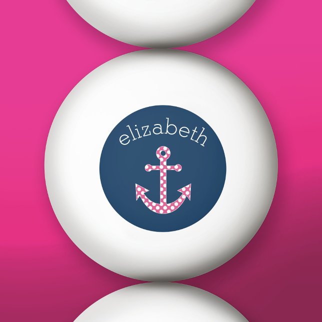 Cute Pink Polka Dot Anchor with Navy Custom Name Ping-Pong Ball (Custom Ping Pong Balls)