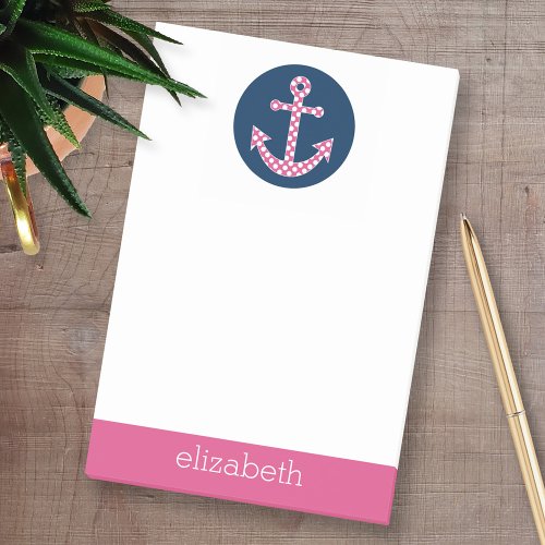 Cute Pink Polka Dot Anchor with Navy Custom Name Post_it Notes