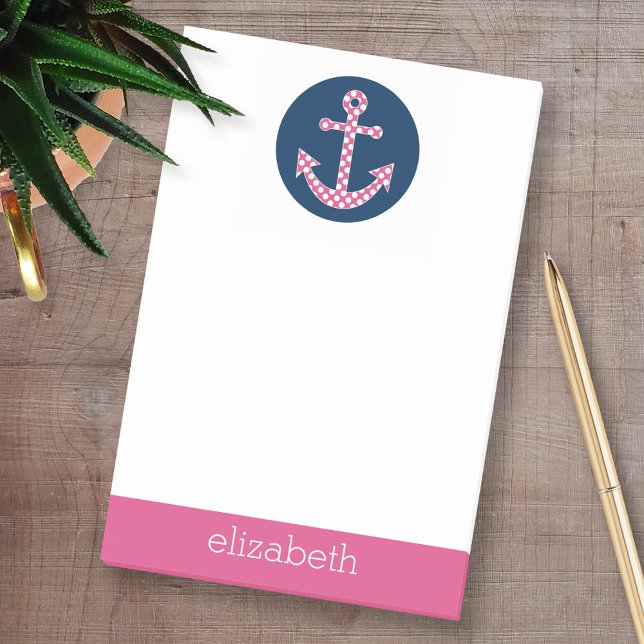 Cute Pink Polka Dot Anchor with Navy Custom Name Post-it Notes (Custom Post-it Note Pads - Add your name and other text)