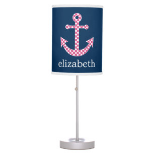Cute Pink Polka Dot Anchor with Navy Custom Name Table Lamp