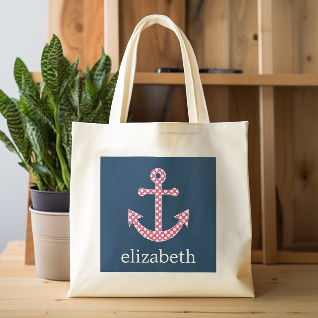 Cute Pink Polka Dot Anchor with Navy Custom Name Tote Bag (Personalized tote bag with photos and custom text)
