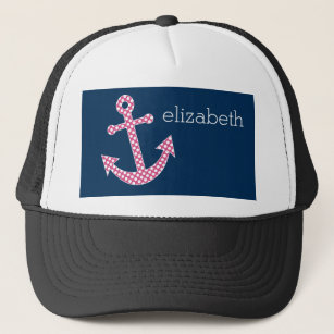 Cute Pink Polka Dot Anchor with Navy Custom Name Trucker Hat
