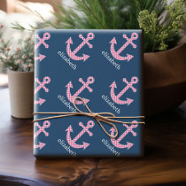 Cute Pink Polka Dot Anchor with Navy Custom Name Wrapping Paper