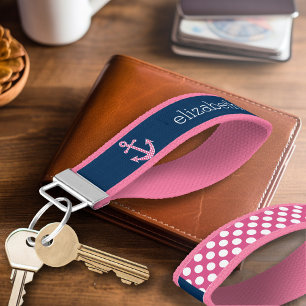 Cute Pink Polka Dot Anchor with Navy Custom Name Wrist Keychain