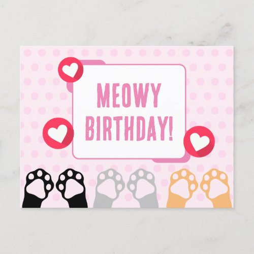 Cute Pink Polka Dot Cat Paws Up Happy Birthday Postcard