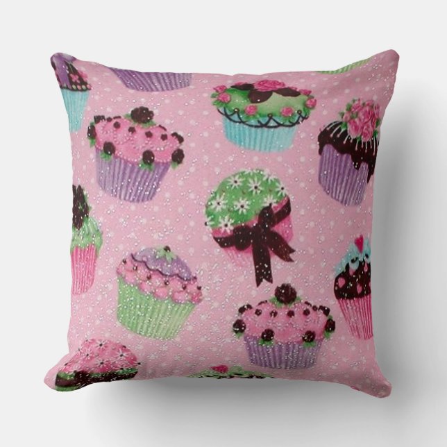 Cute Pink Polka Dot Cupcake Throw Pillow (Front)