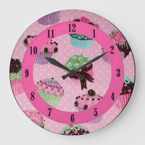 Cute Pink Polka Dot Cupcake Wall Clock Large Clock