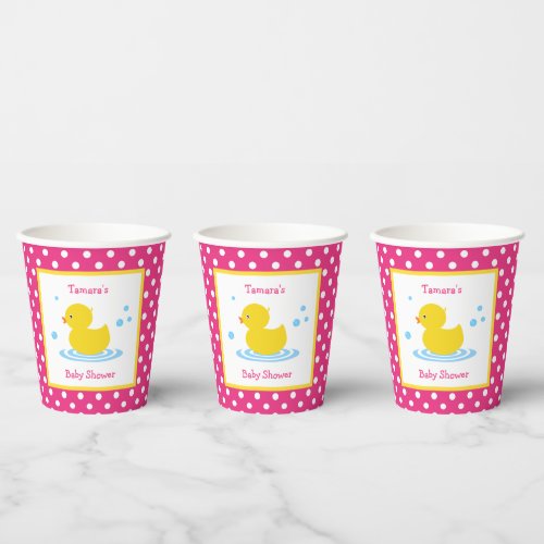Cute Pink Polka Dot Duck Baby Shower Paper Cups