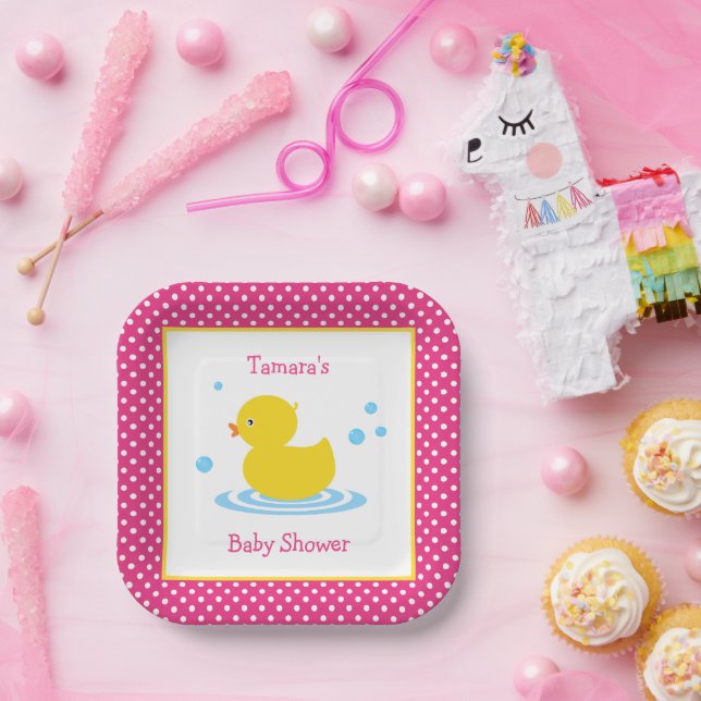 Cute Pink Polka Dot Duck Baby Shower Paper Plate (Party)