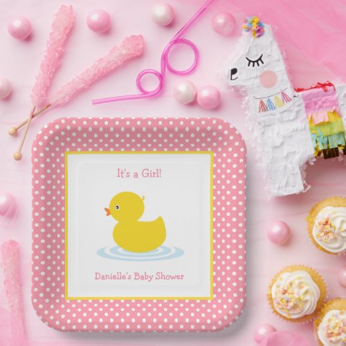 Cute Pink Polka Dot Duck Baby Shower Paper Plate
