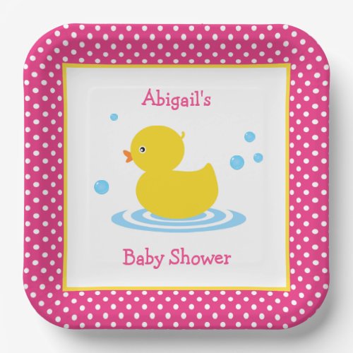 Cute Pink Polka Dot Duck Baby Shower Paper Plates