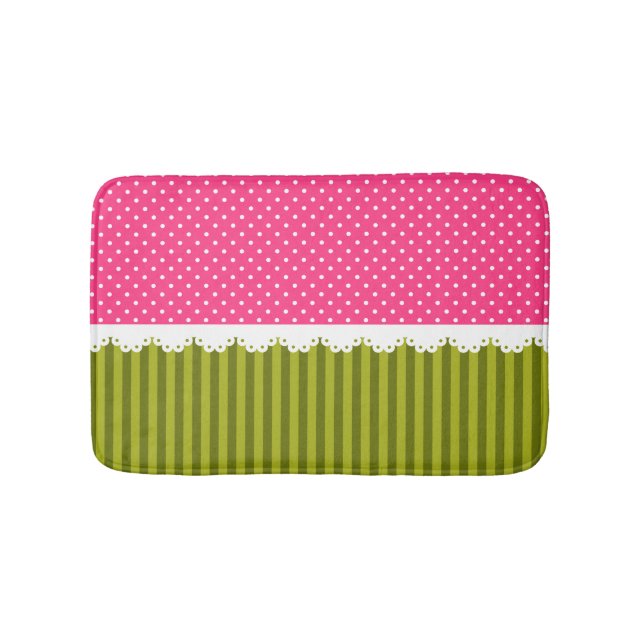 Cute Pink Polka Dot Green Stripes Pattern Bathroom Mat (Front)