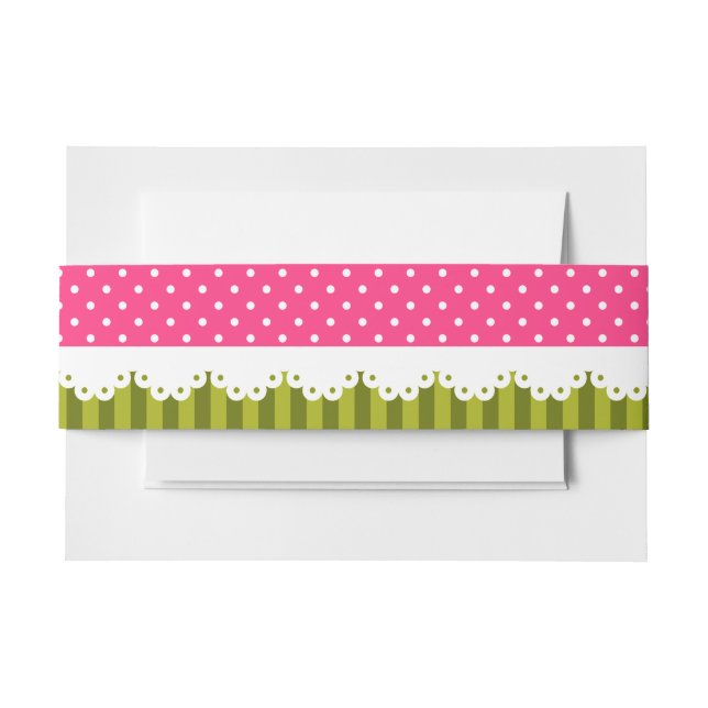 Cute Pink Polka Dot Green Stripes Pattern Invitation Belly Band (Front Example)
