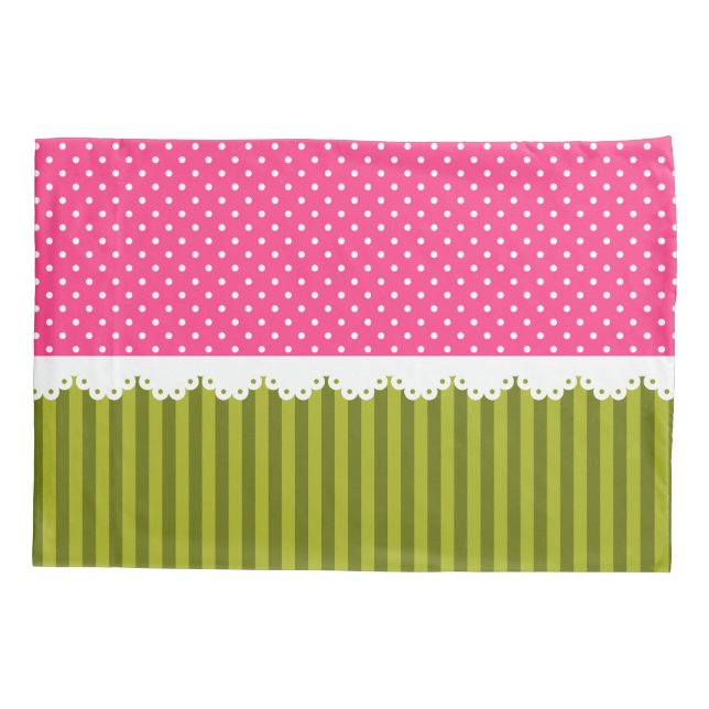 Cute Pink Polka Dot Green Stripes Pattern Pillow Case (Back)