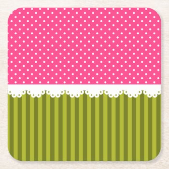 Cute Pink Polka Dot Green Stripes Pattern Square Paper Coaster by VintageDesignsShop at Zazzle