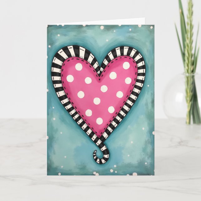 Cute Pink Polka Dot Heart Card (Front)