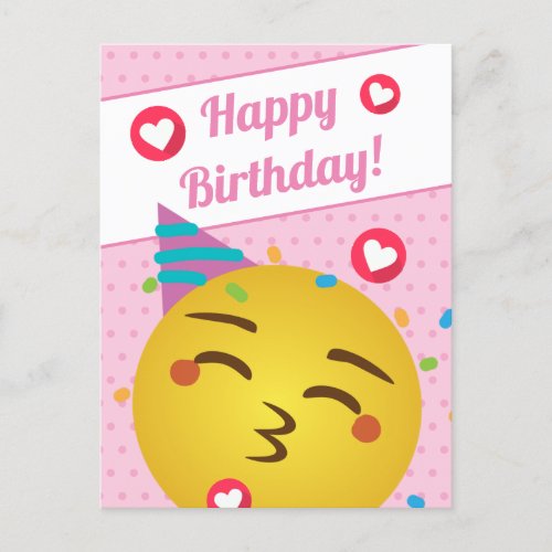 Cute Pink Polka Dot Kiss Emoji Happy Birthday Postcard