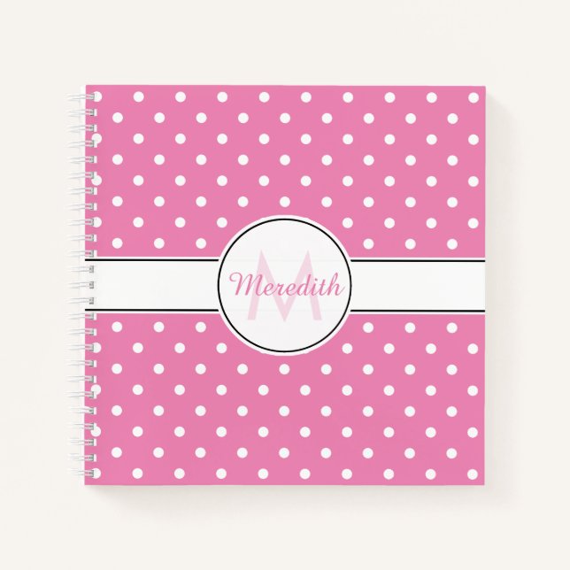 Cute Pink Polka Dot Pattern Monogram Notebook (Front)