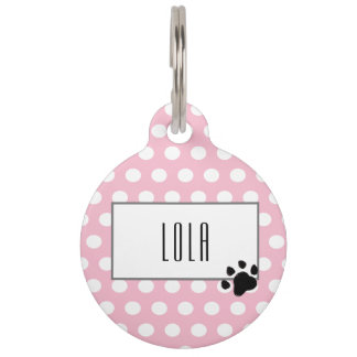 Cute pink polka dot paw print pet ID tag