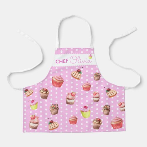 Cute Pink Polka Dot Personalized Chef Cupcake Apro Apron
