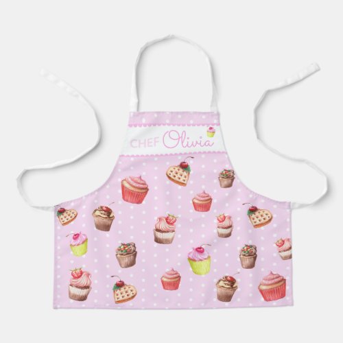 Cute Pink Polka Dot Personalized Chef Cupcake   Apron